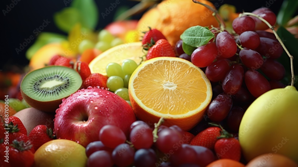 Aufkleber assorted fresh fruits on a healthy background fruit salad for a nutritious breakfast pomegranate per