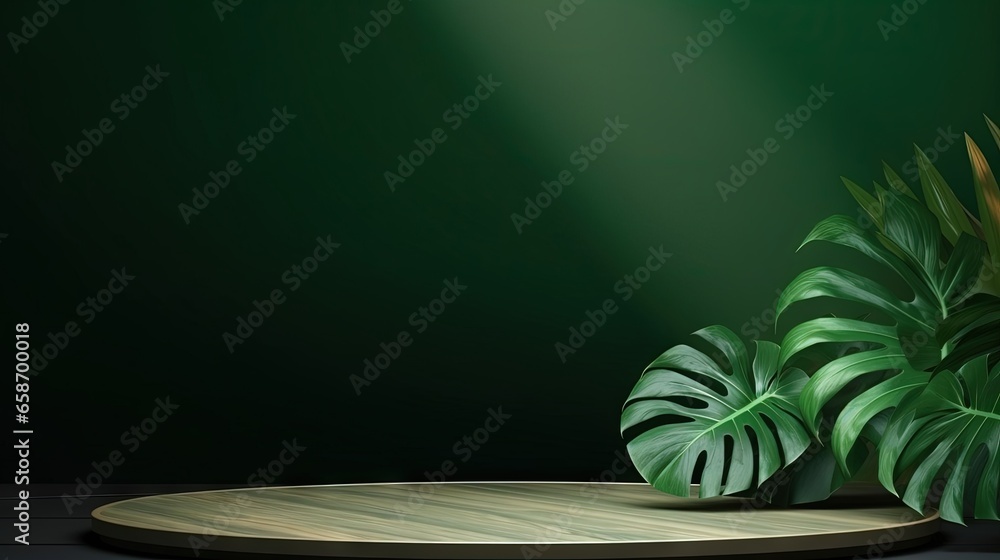 Poster monstera leaves shadow on a dark green wall background with an empty table