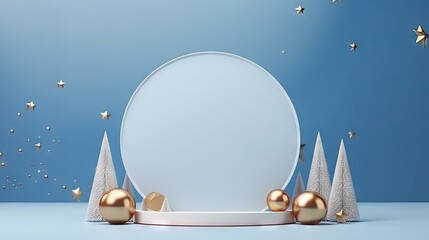 Christmas themed 3D background featuring various ornaments and a round white podium for showcasing products