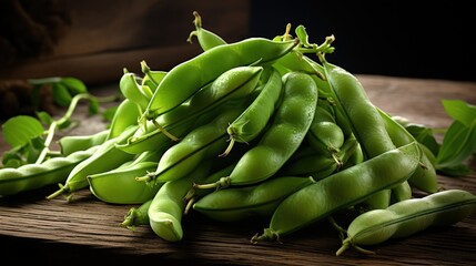 Close up of fava beans on a wooden background from garden to table in spring