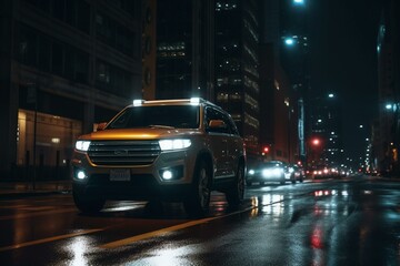 Fototapeta na wymiar Vehicle downtown between skyscrapers with bright car lights. Generative AI