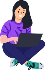 smiling cheerful young woman wearing casual clothes using laptop sitting on floor