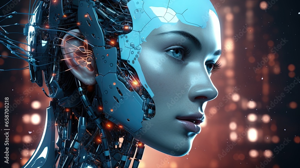 Poster close up 3d rendering of a humanoid robot s face symbolizing ai s big data analytics artificial inte