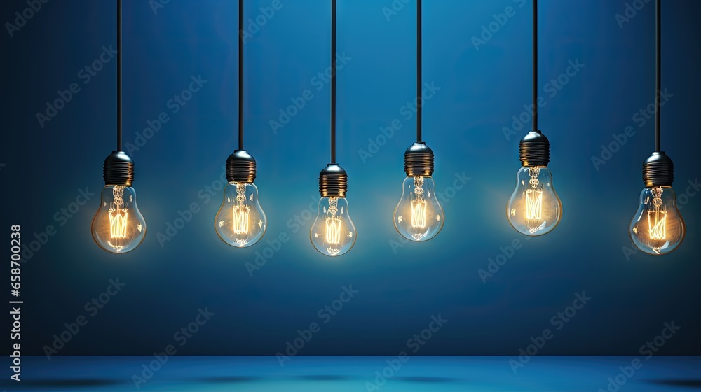 Poster blue backdrop with illuminated bulbs representing idea concept