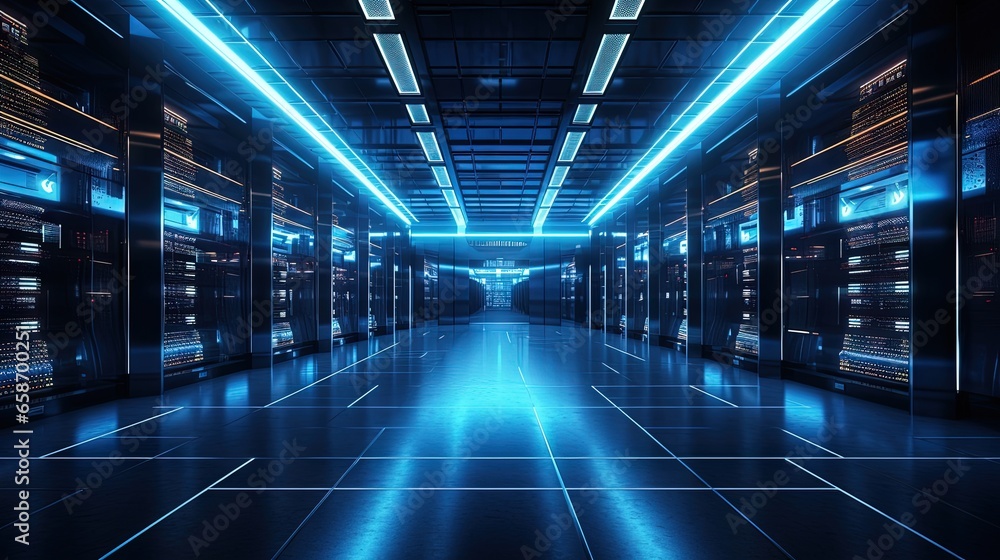 Leinwandbilder data center with rack servers blinking lights working computers