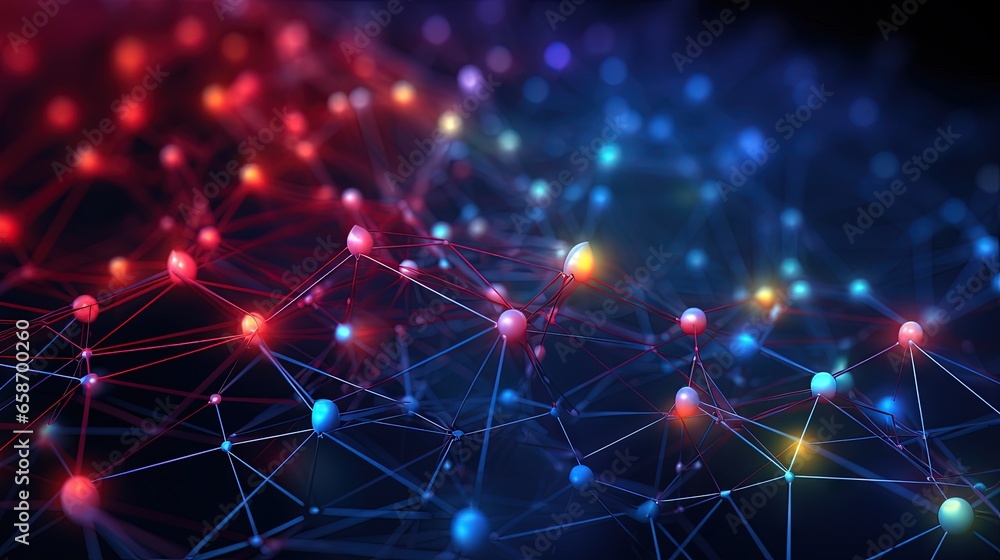 Poster Colored lines and dots intersect on abstract background Network structure data exchange 3D rendering