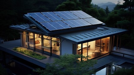 Obraz premium Home with rooftop solar panels actively generating energy