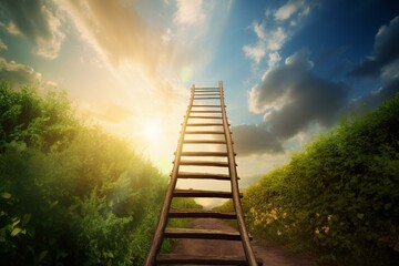 Exploring new paths - the ladder of success towards the goal, fresh start and new beginnings. Generative AI - obrazy, fototapety, plakaty