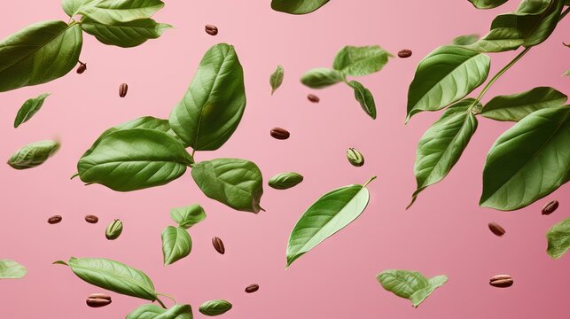 Fresh green coffee leaves falling isolated on pink background