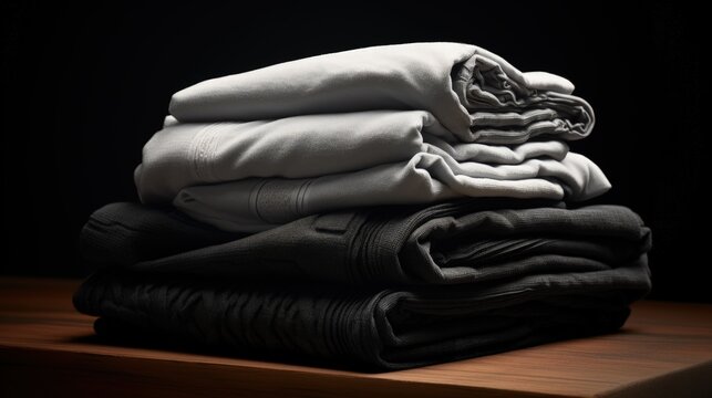 Industrial laundry providing cleaning services for hospitals and hotels with stacks of folded black and white cloths