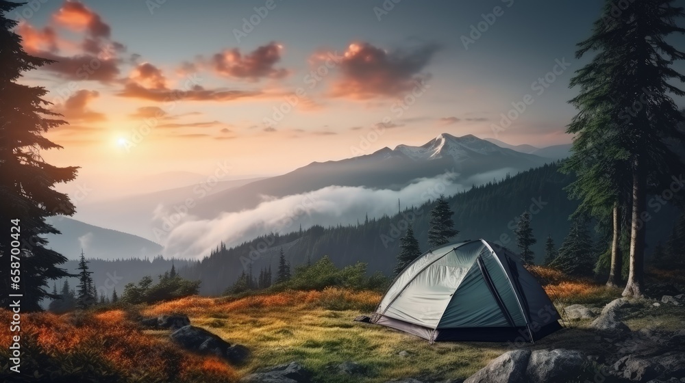 Poster high quality photo of a gray tent against the forest and mountain backdrop in a campsite perfect for