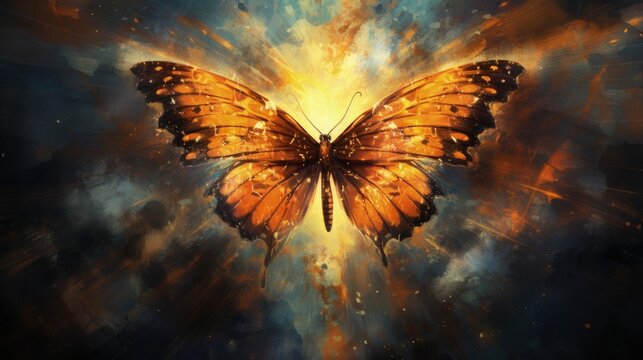 Christian theme of rebirth in Jesus Christ depicted with glowing cross and Monarch butterfly wings in textured oil paint