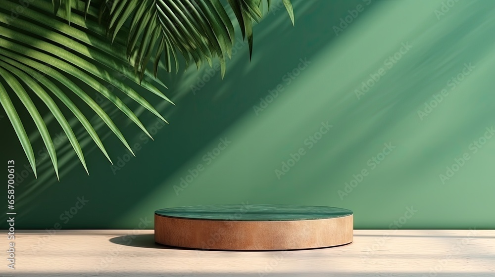Poster 3D rendering of a minimalist wooden podium with a palm leaf shadow on a green concrete wall background