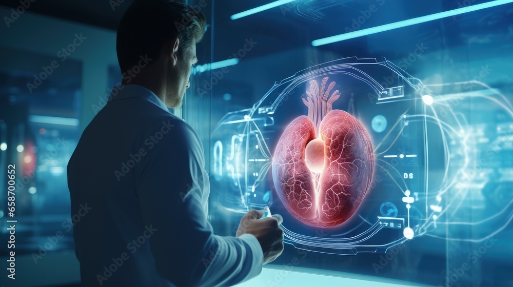 Poster Advanced technology transforms healthcare with AI driven holographic cardiologist diagnosing patients and accessing electronic medical records