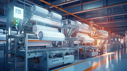Fototapeta premium Factory features an automated production line for plastic bag manufacturing