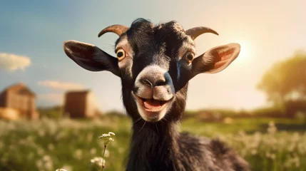 Fotobehang Adorable black and brown goat singing outside in a farm zoo or park © vxnaghiyev