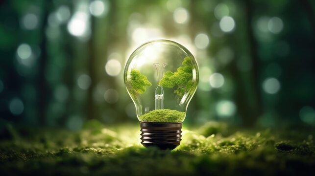 Green LED light bulb in a house frame on green grass Energy saving smart house sustainable consumption Earth Day forest trees