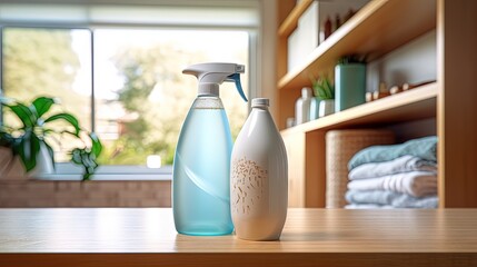 Blurred laundry room with detergent bottle on wooden surface