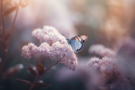 Captivating blossoms, dainty butterfly, and misty morning charm in nature captured close-up, with wide format scenery, cool tones, and serene ambiance. Generative AI