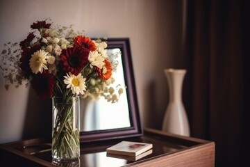 Flower vase, picture frame on table. Generative AI