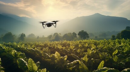 Fototapeta na wymiar Aerial drone gathers data in tobacco agriculture