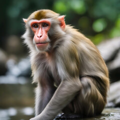 Naklejka premium Macaco sentado en una roca junto a un río 