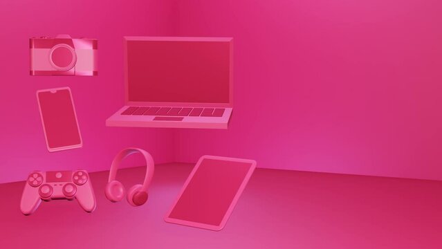 Viva magenta color gadget illustration background with negative space on the right, computer technology advertising template, electronic 3d animation, 3d rendering, 4k video