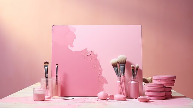 Creating a minimalist elegant artwork with sunlight shadows an artist utilizes a pink canvas palette brush and work space