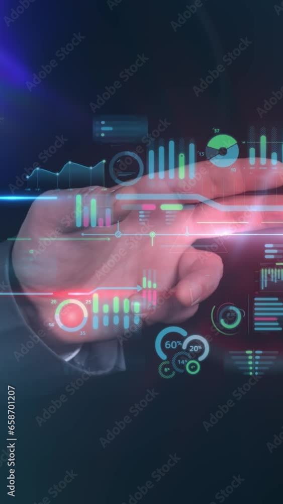 Poster businessman works with data array virtual infographics.