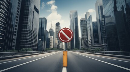 Economic sanctions and financial crisis symbolized by no entry sign in downtown - obrazy, fototapety, plakaty