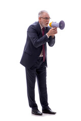 Old businessman holding megaphone isolated on white
