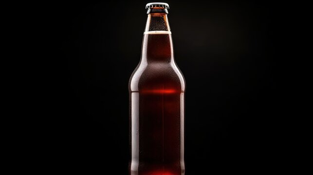 Craft beer in a brown bottle without label on black background close up photo