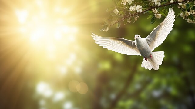 Cross with dove birch branches green background Holy Spirit symbol Trinity Sunday Pentecost Faith Church holiday