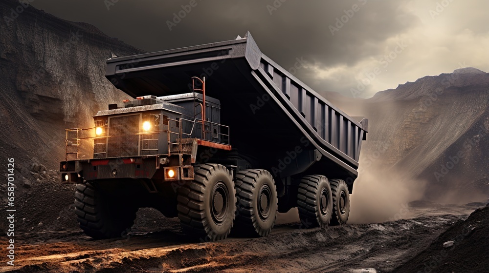 Poster dump truck pictured on open pit coal mine used for transporting coal as mining machinery