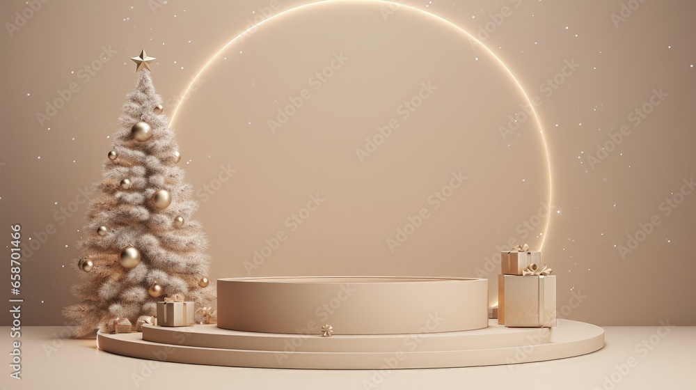 Poster christmas themed 3d display with a tree lights and beige showcase