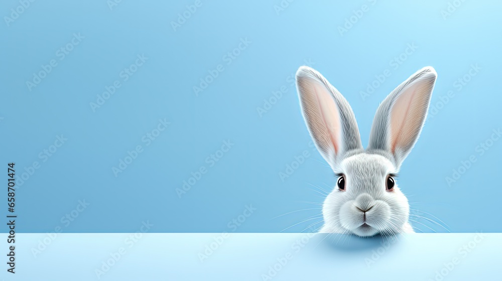 Poster 3d rendering of a pastel blue background with a white rabbit ear for easter day