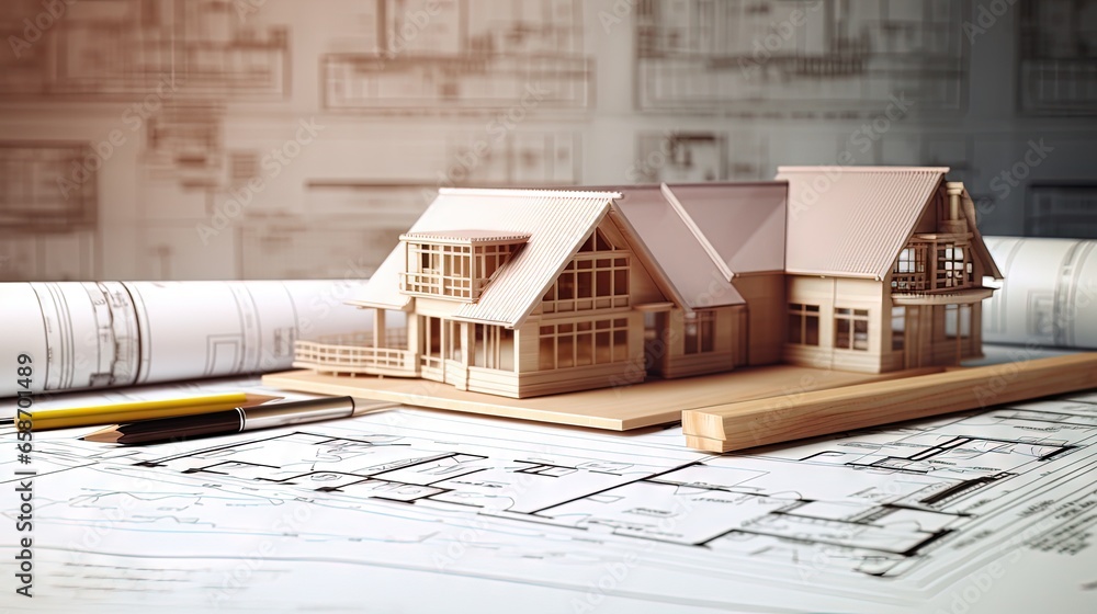 Poster architectural model with tools blueprint rolls on desk building construction and design concept