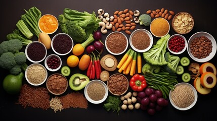 Obraz na płótnie Canvas High fiber products Nutritious diet food Overhead perspective
