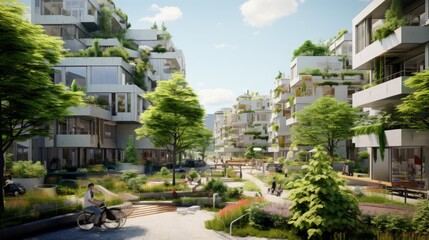 Ecologically sustainable residential area with green buildings and low energy apartments