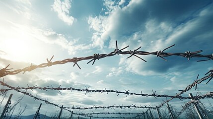 Blue cloudy sky background symbolizing freedom and imprisonment with barbed wire - obrazy, fototapety, plakaty