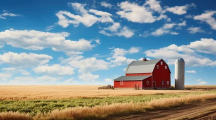 Foto op Plexiglas American rural landscape with red barn and blue sky © vxnaghiyev