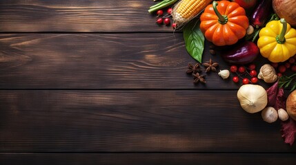 Autumn themed cooking scene featuring organic vegetables on wooden table top view copy space Ingredients for seasonal soups and dishes