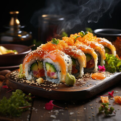 Fresh and Delicious Sushi Platter Close-Up: Vibrant and Mouth-Watering Traditional Japanese Cuisine Food Photography