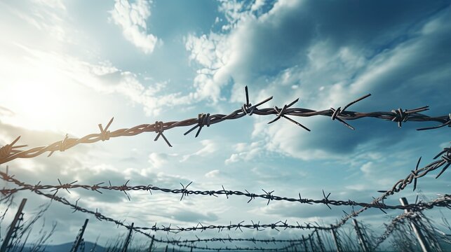 Blue cloudy sky background symbolizing freedom and imprisonment with barbed wire