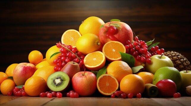 Assorted fresh fruits on a healthy background Fruit salad for a nutritious breakfast pomegranate persimmon tangerine banana lemon