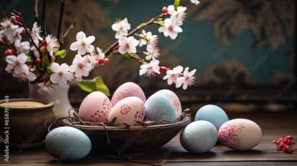 Poster festive easter display with eggs blossoms and rustic vibes