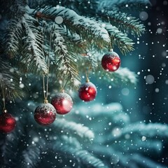 Fototapeta na wymiar snow winter festive greeting season with pine tree decorate with xmas ball and light element christmas background ideas concept