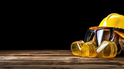 Health and safety idea depicted with protective equipment on wooden table Space for text