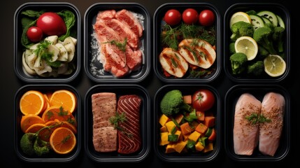 Catering healthy menu with courier delivery of lunch boxes containing beef chicken fish and vegetables Daily meal plan with take away containers and online ordering