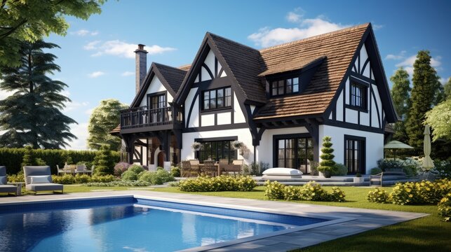 For sale or rent a charming modern Tudor house with a pool and parking surrounded by beautiful landscaping